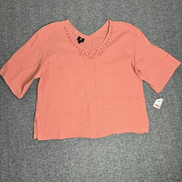 JM Collection XL Burnt Coral‎ Woven Top Gem Embellishments V-Neck Short Sleeves - Picture 1 of 7